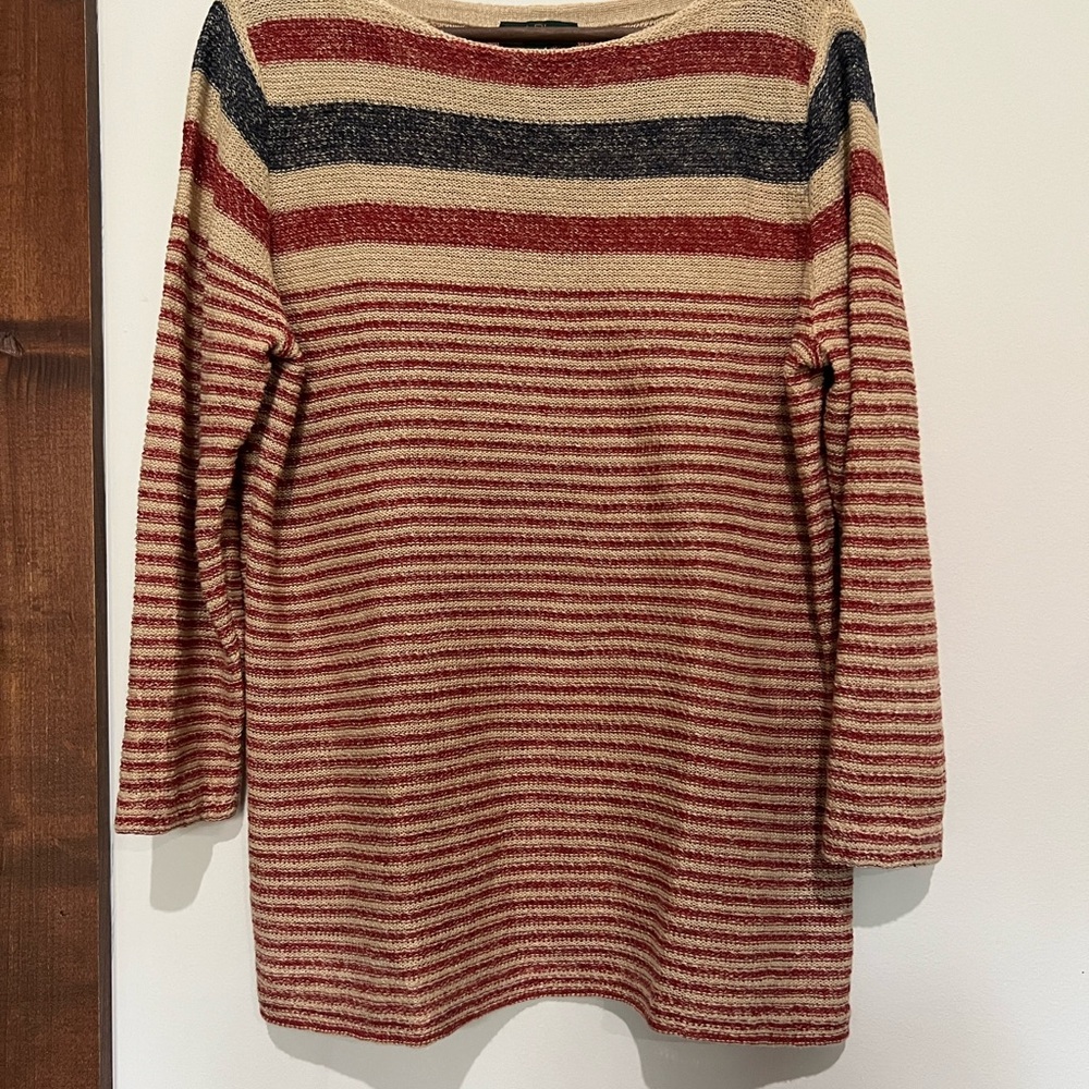 Ralph Lauren Red Beige and Blue Americana Linen Blend Knit Sweater Vintage XL